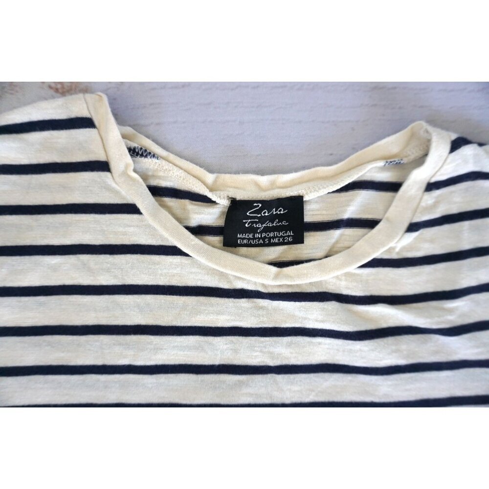 Zara Trafaluc Women's Navy Cream Striped Boxy Tee - Size S - Picture 2 of 4